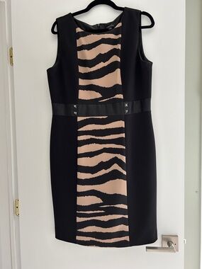 Tahari by Arthur S. Levine Sleeveless Black Dress with Beige Zebra Panel